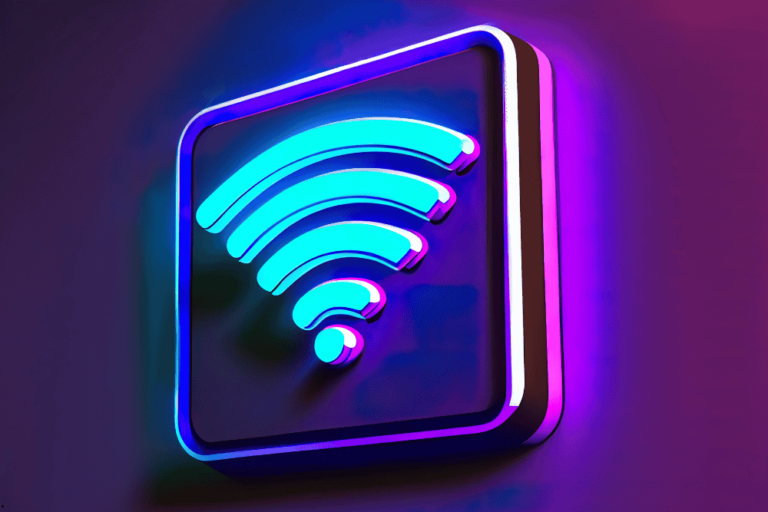 The image shows a glowing neon sign with a Wi-Fi symbol in blue and purple hues, mounted on a dark wall. The sign emits a soft glow, highlighting the wireless connectivity theme. The futuristic and vibrant design suggests technology, internet access, and digital communication.