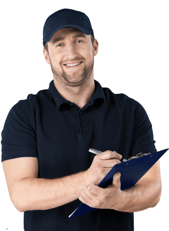 A service worker wearing a navy blue uniform and cap, holding a clipboard and pen. The person appears to be writing or taking notes, standing against a plain background.